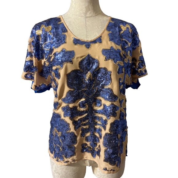Tracy Reese Neiman Marcus Blue Gold Sequin Top M Medium Holiday Party - Picture 1 of 7